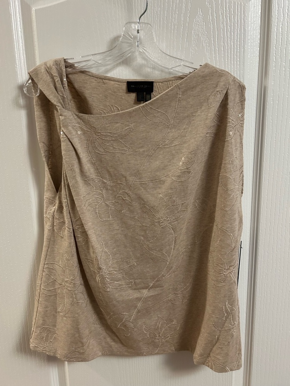 Donna Karan Linen-Blend One-Shoulder Beige Embroidered Top